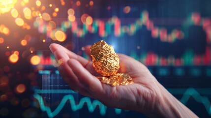 A hand holding a gold nugget against a backdrop of gold price charts, symbolizing the intrinsic value of gold assets.