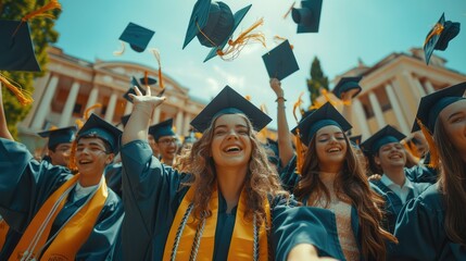 Diverse group of cheerful student throwing graduation hats in the air celebrating, photography, wide angle, cheerful. Generative AI.