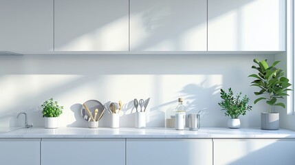 A minimalist kitchen scene bathed in natural light, featuring pristine white countertops, cabinets, and utensils, evoking a sense of cleanliness and modernity.