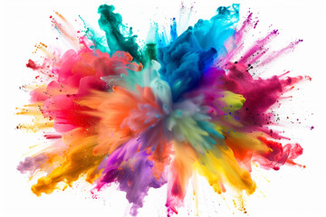 A dynamic explosion of paints in rainbow colors, vividly splattered across a white background, creating a striking and colorful visual celebration.
