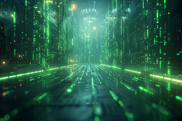 A futuristic cityscape illuminated by bright green and black lights wallpaper