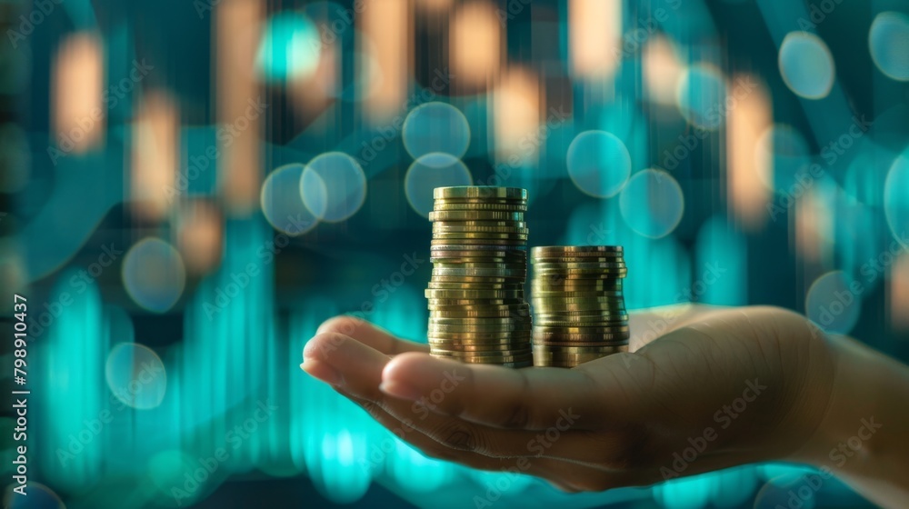 Poster A hand holding a stack of coins against a backdrop of rising financial graphs, symbolizing prosperity.
