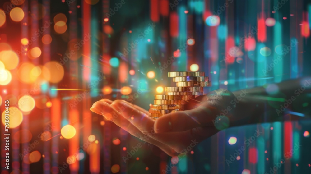 Poster A hand holding a stack of coins against a backdrop of rising financial graphs, symbolizing prosperity.