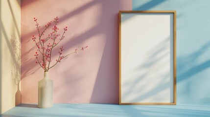 An elegant mockup of a blank picture frame against a smooth pastel background, ideal for displaying artwork, photographs, or motivational quotes in a modern and stylish setting.