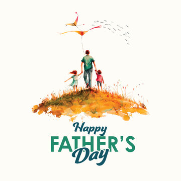 Father flying a kite with his children. Happy Father's Day.

