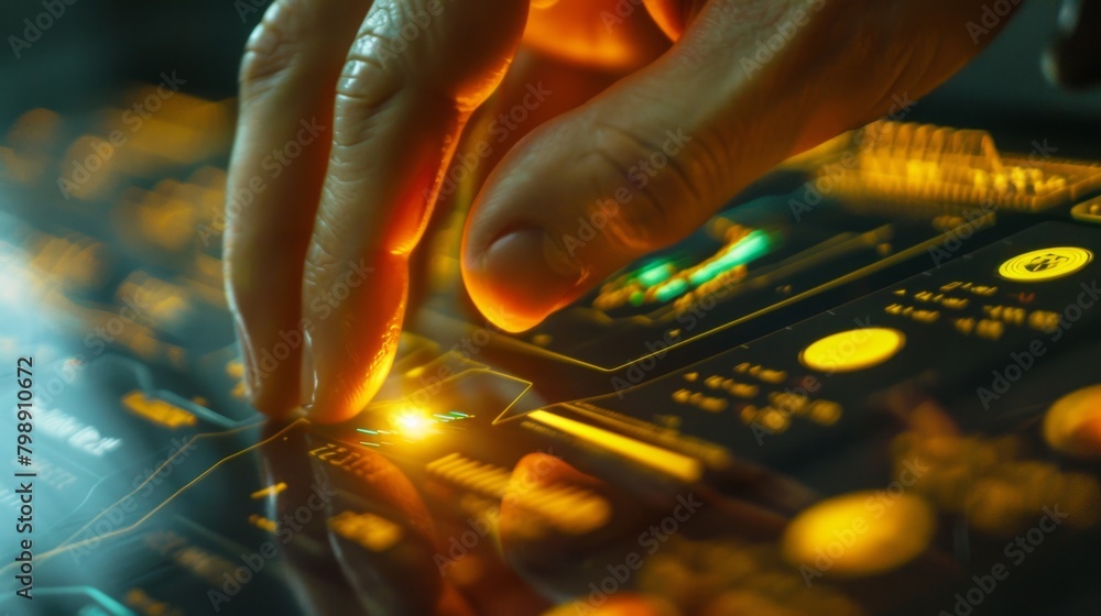 Aufkleber A hand pressing a button on a digital interface to execute a gold trade, with price graphs displayed nearby.