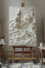 A painter meticulously adds details to a large beige canvas on an easel in a studio