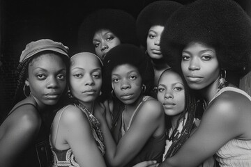 Fototapeta premium the sisterhood. a 1977 portrait of successful black women huddled together for a snapshot. educated. feminist. liberated. Strong. powerful. denim. --ar 3:2 Job ID: 04b79e07-fc3d-4e2b-ab20-e280e99f1f49