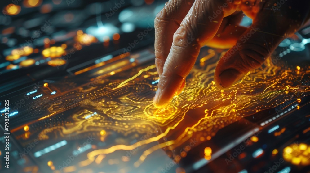 Aufkleber A hand pressing a button on a digital interface to execute a gold trade, with price graphs displayed nearby.