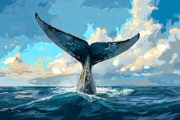 Whale tail splashing above ocean surface 