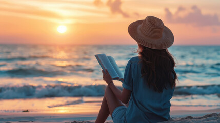 A woman sitting on the sandy beach engaging in reading a book