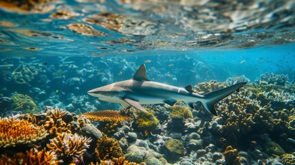 Fototapeta na wymiar A lone shark swimming gracefully in crystal-clear waters, surrounded by vibrant coral reefs.