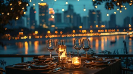 Outdoor dining table setting with panorama of a big city at night and river view, warm colors....