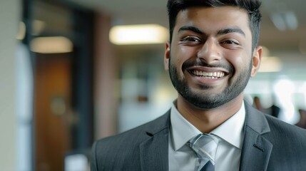 Fototapeta premium Close up view of the face of a young middle eastern Muslim man smiling kindly.