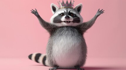 A cartoon raccoon with a crown on his head is standing on a yellow background