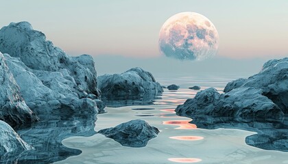 A minimalistic 3D backdrop in Mango Mojito and Terrarium Moss hues, guided by the moon through a serene abstract terrain, symbolizing enlightenment.