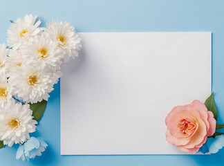 Flowers composition. Frame made of flowers on blue background. Flat lay, top view, copy space