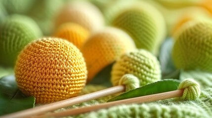 Crochet needles amid a lively lineup of lemon and lime woolen spheres for handcrafting