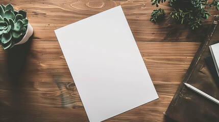 a4 piece of blank paper on a modern desk very slight angle, photo taken from above 
