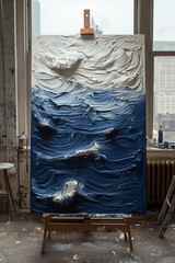 A large white and dark blue wave painting displayed on an easel in a room