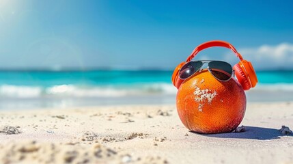Beach groove mangosteen A whimsical mangosteen in sunglasses headphones on relaxing on a sandy beach under a clear blue sky