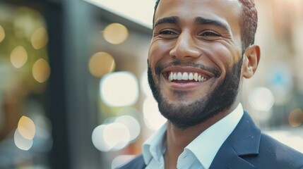 Close up view of the face of a young middle eastern Muslim man smiling kindly.