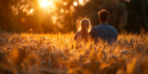 Father and daughter sitting among wheat in a field as the sun sets banner
