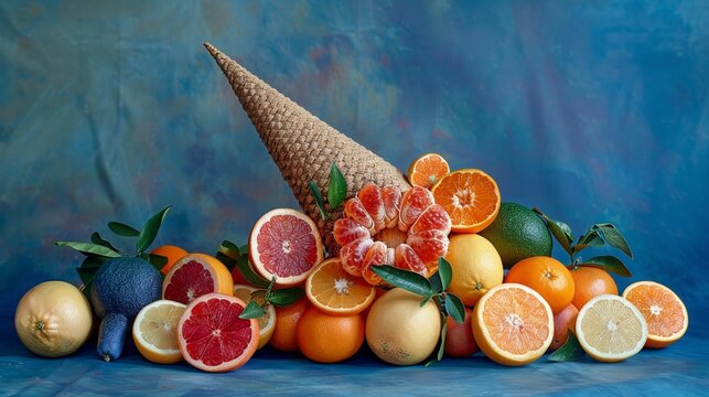 Citrus cascade A cornucopia of citrus tumbles from a cone against a radiant sapphire blue a dynamic fruit display