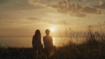 Fototapeta na wymiar Sunset Serenity: A Cinematic Journey of Love and Reflection. Generative AI
