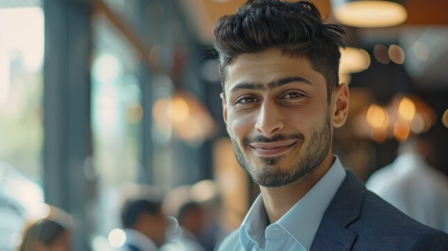 Close up view of the face of a young middle eastern Muslim man smiling kindly.