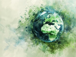 Artistic painting of planet Earth with green and blue watercolor splatters