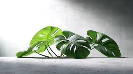 Tropical leaves over grey table casting shadow on white background