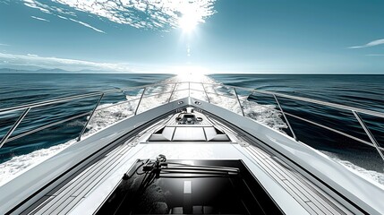 Wide angle shot of front of the luxury yacht, deck view, clean blue sky as the background....