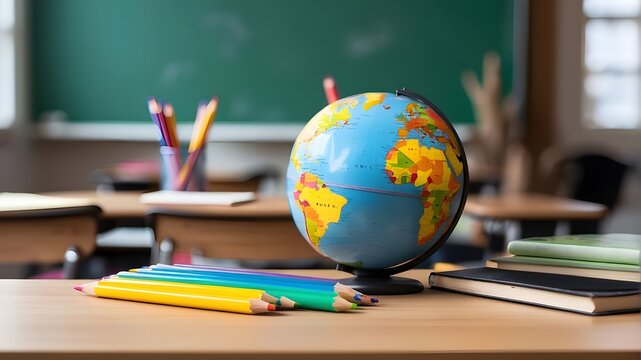 A world ball, school books, pencils, coloured pencils, and an out-of-focus chalkboard in the background are all present on the school table. elementary schooling and returning to the classroom