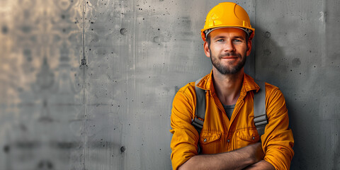 A man architect wearing a yellow hard hat and overalls on a white background