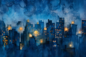都市のスカイラインを水彩で表現した夜景
