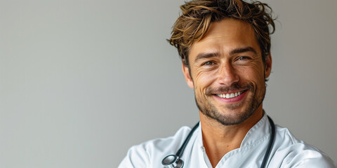 Obraz premium A male doctor smiles while holding a stethoscope, against a white background
