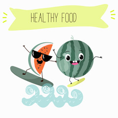 Cute watermelon characters, funny fruits, funny berry with different activities. Flat vector illustration. Organic food, healthy food, illustrations for kids menu, invitations.