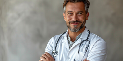 A man doctor wearing a stethoscope stands with his arms crossed in a confident pose - Powered by Adobe
