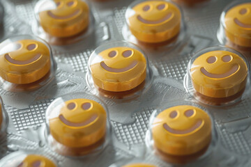 close up of yellow smiley pills