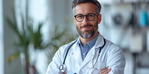 A man doctor wearing a white coat and glasses stands with his arms crossed in a confident pose - Powered by Adobe