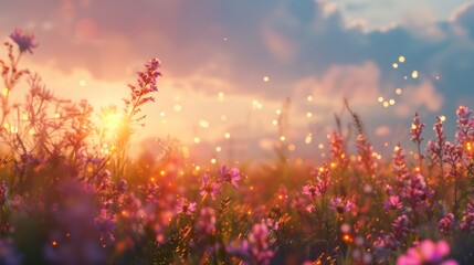 As the sun rises over the horizon, its golden rays flood a picturesque meadow, setting the wildflowers ablaze in a riot of color.