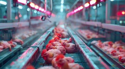 A production line at a poultry factory where chickens are being processed into various frozen products, demonstrating the mechanized and automated nature of modern food production. - obrazy, fototapety, plakaty