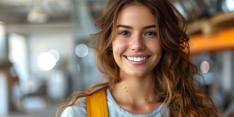 A woman with a yellow backpack smiles at the camera against a white backdrop - Powered by Adobe