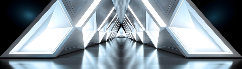 Ethereal Futuristic Light Corridor - Geometric Triangle Tunnel in Serene White Expanse