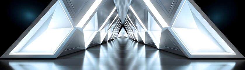 Naklejka premium Ethereal Futuristic Light Corridor - Geometric Triangle Tunnel in Serene White Expanse