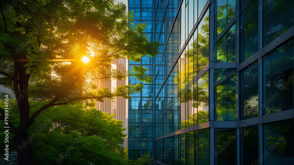 Aufkleber the blurred space of an open office with the shadow of trees, the play of light and the bokeh effect