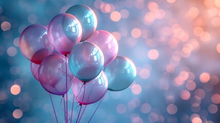 Bright helium balloons bask in soft glow, juxtaposed with deep pastel background for a serene birthday scene.