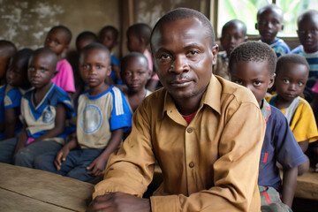 Thoughtful male teacher sits in the foreground with his attentive young students gathered in a humble classroom setting, depicting education and learning in a rural african school