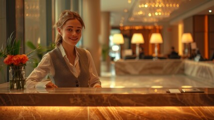 A receptionist at a business hotel reception desk, smiling as they check in corporate guests and provide conference room bookings. - obrazy, fototapety, plakaty